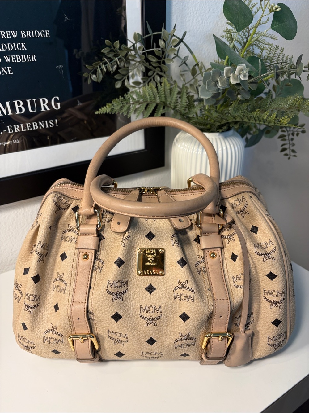 MCM Visetos Monogram Satchel Bag w/COA